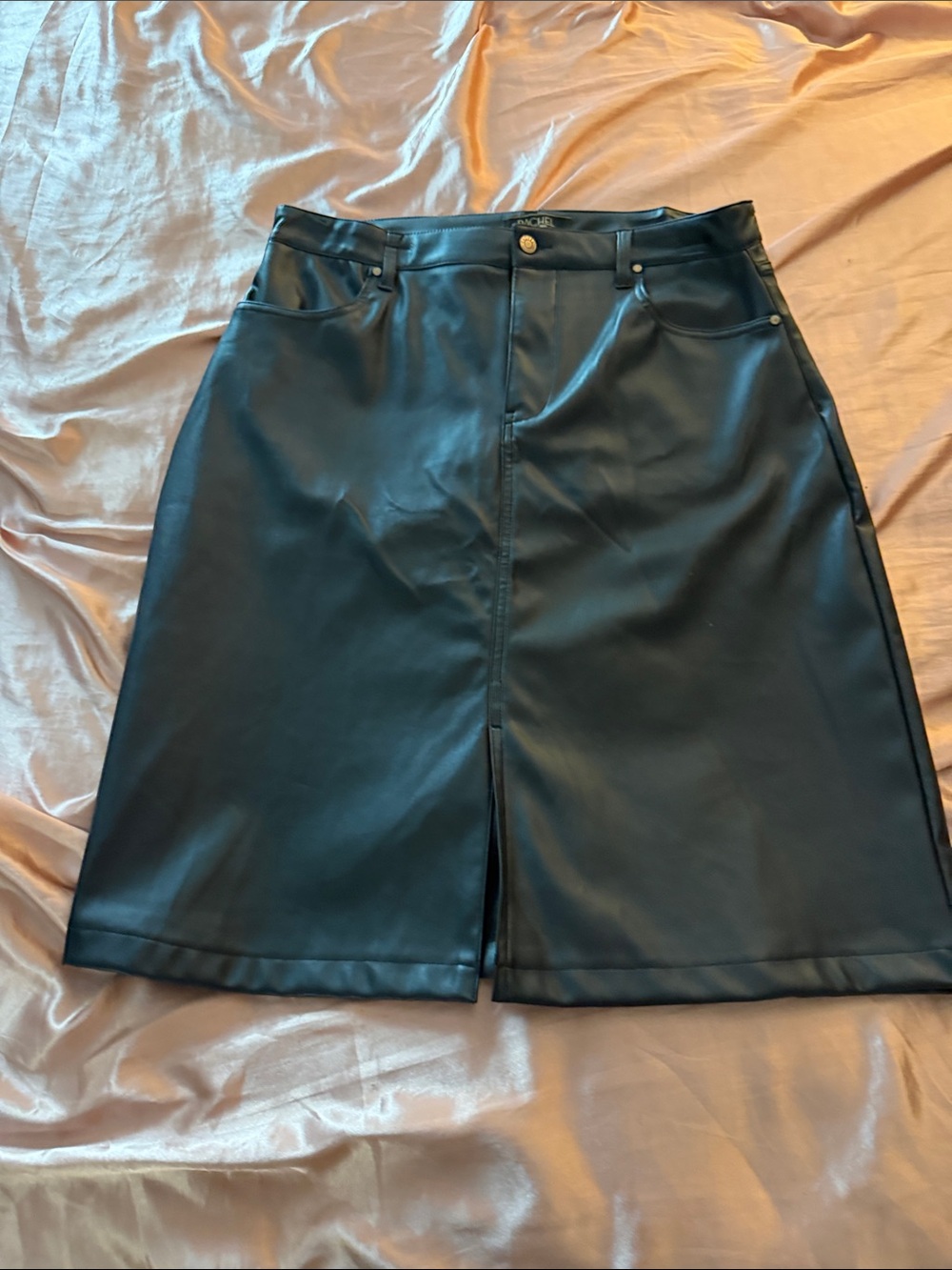 RACHEL Rachel Roy Black Faux Leather Pencil Skirt with Front Slit
